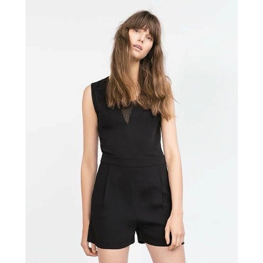 Zara Basic Black Sleeveless Mesh Sheer See Through Back Jumpsuit Romper Shorts S